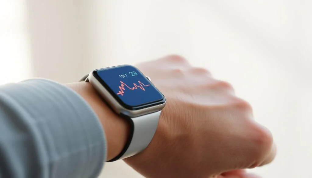 A close-up view of a wrist with a smartwatch, displaying a real-time heart rate monitoring graph. The smartwatch screen shows a vibrant, colorful digital readout of the user's heart rate, accompanied by a pulsing visual representation. The wrist is in the foreground, bathed in soft, natural lighting that highlights the device's sleek, modern design. The background is blurred, creating a sense of focus on the key health metric. The overall tone is clean, minimalist, and conveys a sense of technology seamlessly integrated with personal wellbeing. A close-up view of a wrist with a smartwatch, displaying a real-time heart rate monitoring graph. The smartwatch screen shows a vibrant, colorful digital readout of the user's heart rate, accompanied by a pulsing visual representation. The wrist is in the foreground, bathed in soft, natural lighting that highlights the device's sleek, modern design. The background is blurred, creating a sense of focus on the key health metric. The overall tone is clean, minimalist, and conveys a sense of technology seamlessly integrated with personal wellbeing.