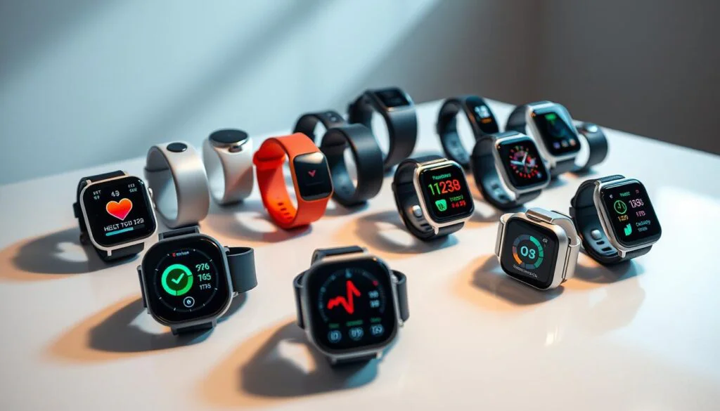 A collection of cutting-edge smartwatches and fitness trackers arranged on a sleek, minimalist table. In the foreground, several devices showcase their vibrant, high-resolution displays depicting various health metrics like heart rate, sleep data, and activity tracking. The middle ground features a range of stylish, futuristic-looking wearables in an array of colors and materials, creating a visually striking composition. The background is bathed in soft, directional lighting, highlighting the premium, sophisticated aesthetic of the comprehensive health tracking devices. A collection of cutting-edge smartwatches and fitness trackers arranged on a sleek, minimalist table. In the foreground, several devices showcase their vibrant, high-resolution displays depicting various health metrics like heart rate, sleep data, and activity tracking. The middle ground features a range of stylish, futuristic-looking wearables in an array of colors and materials, creating a visually striking composition. The background is bathed in soft, directional lighting, highlighting the premium, sophisticated aesthetic of the comprehensive health tracking devices.