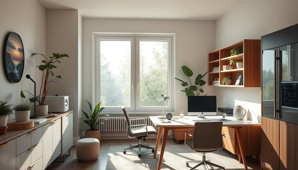 A cozy, energy-efficient home office with natural light streaming through large windows, illuminating a minimalist workspace. Sleek, ergonomic furniture and modern, eco-friendly appliances create a harmonious, productive environment. Warm wooden accents and potted plants add a touch of biophilic design, while smart home automation systems seamlessly control lighting, temperature, and device usage for maximum efficiency. The room's neutral color palette and clean lines evoke a serene, focused atmosphere, perfect for concentrated work and optimal productivity.