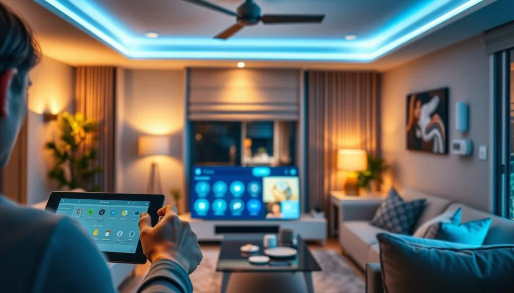 A cozy living room illuminated by warm ambient lighting, showcasing a variety of smart home devices seamlessly integrated into the decor. In the foreground, a person interacts with a sleek, minimalist control panel, effortlessly managing various connected systems like lighting, climate, and home security. The middle ground features a large, high-definition display, presenting an intuitive and responsive user interface for seamless smart home management. In the background, subtle visual cues like automated window shades, discreet speakers, and a smart thermostat blend harmoniously with the modern, yet inviting interior design. The overall scene conveys a sense of comfort, convenience, and technological sophistication, capturing the essence of a truly immersive smart home user experience. A cozy living room illuminated by warm ambient lighting, showcasing a variety of smart home devices seamlessly integrated into the decor. In the foreground, a person interacts with a sleek, minimalist control panel, effortlessly managing various connected systems like lighting, climate, and home security. The middle ground features a large, high-definition display, presenting an intuitive and responsive user interface for seamless smart home management. In the background, subtle visual cues like automated window shades, discreet speakers, and a smart thermostat blend harmoniously with the modern, yet inviting interior design. The overall scene conveys a sense of comfort, convenience, and technological sophistication, capturing the essence of a truly immersive smart home user experience.