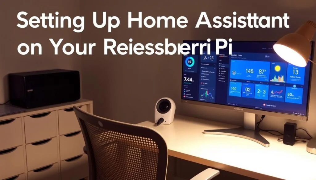 A cozy, well-lit home office setup featuring a Raspberry Pi connected to a sleek, modern Home Assistant dashboard displayed on a high-resolution monitor. The dashboard showcases various smart home controls and metrics, including temperature, lighting, security, and energy usage. The workspace is minimalist, with a clean white desk, ergonomic chair, and task lighting illuminating the scene. The overall atmosphere is one of productivity and efficient home automation, reflecting the section title "Setting Up Home Assistant on Your Raspberry Pi". A cozy, well-lit home office setup featuring a Raspberry Pi connected to a sleek, modern Home Assistant dashboard displayed on a high-resolution monitor. The dashboard showcases various smart home controls and metrics, including temperature, lighting, security, and energy usage. The workspace is minimalist, with a clean white desk, ergonomic chair, and task lighting illuminating the scene. The overall atmosphere is one of productivity and efficient home automation, reflecting the section title "Setting Up Home Assistant on Your Raspberry Pi".
