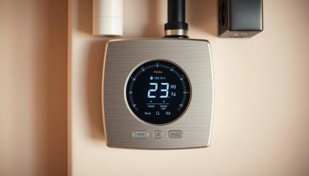 A detailed, close-up view of a modern, programmable thermostat for the HZ311 HVAC configuration. The device is centered in the frame, showcasing its intuitive digital display and control panel. The brushed aluminum housing has a sleek, minimalist design, capturing the essence of a high-quality, energy-efficient climate control system. Warm, neutral lighting illuminates the thermostat, highlighting its precision dials and buttons. The background is clean and uncluttered, allowing the thermostat to take center stage as the focal point. The overall composition conveys a sense of functionality, control, and attention to detail, fitting the technical subject matter of the article section. A detailed, close-up view of a modern, programmable thermostat for the HZ311 HVAC configuration. The device is centered in the frame, showcasing its intuitive digital display and control panel. The brushed aluminum housing has a sleek, minimalist design, capturing the essence of a high-quality, energy-efficient climate control system. Warm, neutral lighting illuminates the thermostat, highlighting its precision dials and buttons. The background is clean and uncluttered, allowing the thermostat to take center stage as the focal point. The overall composition conveys a sense of functionality, control, and attention to detail, fitting the technical subject matter of the article section.