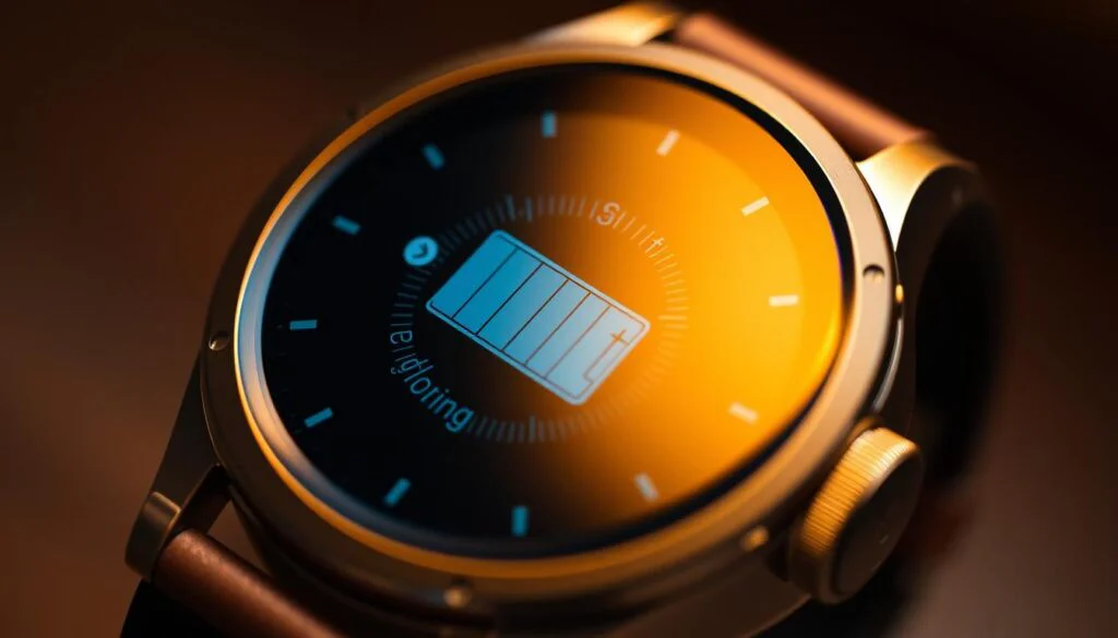 A detailed close-up view of a smartwatch with a shatterproof sapphire crystal display and a robust metal casing. The watch face shows an intricate battery life indicator, displaying a high percentage of remaining power. Warm, indirect lighting illuminates the watch, highlighting its premium construction and attention to durability. The background is blurred, placing the focus entirely on the rugged and long-lasting nature of the smartwatch's power source. The overall impression conveys a sense of reliability, resilience, and the device's suitability for active health monitoring over extended periods. A detailed close-up view of a smartwatch with a shatterproof sapphire crystal display and a robust metal casing. The watch face shows an intricate battery life indicator, displaying a high percentage of remaining power. Warm, indirect lighting illuminates the watch, highlighting its premium construction and attention to durability. The background is blurred, placing the focus entirely on the rugged and long-lasting nature of the smartwatch's power source. The overall impression conveys a sense of reliability, resilience, and the device's suitability for active health monitoring over extended periods.