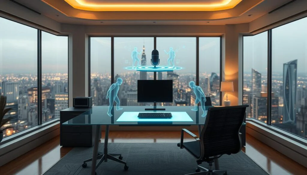 A futuristic home office with a sleek, minimalist desk and ergonomic chair. In the center, a state-of-the-art voice control device hovers, its holographic interface glowing with ambient light. Surrounding the desk, intelligent virtual assistants manifest as wispy, ethereal figures, ready to respond to voice commands. The room is bathed in a soft, warm lighting, creating a calm and productive atmosphere. Large windows offer a panoramic view of a bustling cityscape, blending the digital and physical realms. The overall scene conveys the seamless integration of voice-activated technology into the modern home office, empowering effortless productivity and automation.