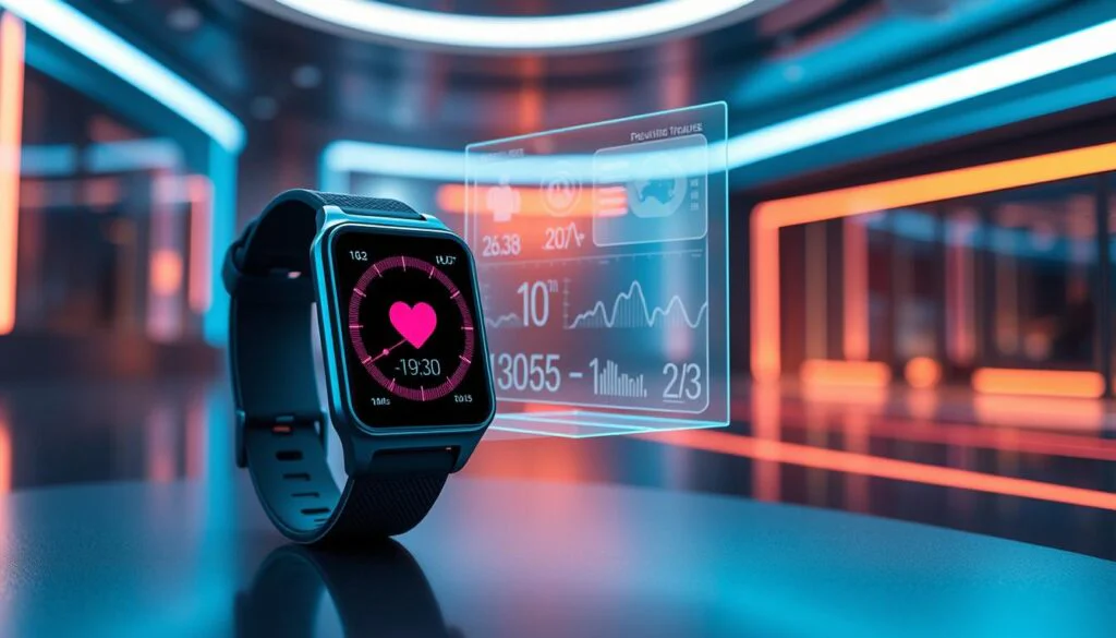 A futuristic wearable device showcasing advanced health monitoring features. In the foreground, a sleek, high-tech smartwatch with a sleek, minimalist design and a large, vibrant display showcasing real-time health data such as heart rate, blood oxygen levels, and activity tracking. The middle ground features a 3D holographic projection of the user's vitals and performance metrics, allowing for intuitive interaction and customization. In the background, a dynamic, neon-infused environment with subtle, ambient lighting and a sense of technological sophistication. The overall mood is one of innovation, precision, and the seamless integration of technology and human health. A futuristic wearable device showcasing advanced health monitoring features. In the foreground, a sleek, high-tech smartwatch with a sleek, minimalist design and a large, vibrant display showcasing real-time health data such as heart rate, blood oxygen levels, and activity tracking. The middle ground features a 3D holographic projection of the user's vitals and performance metrics, allowing for intuitive interaction and customization. In the background, a dynamic, neon-infused environment with subtle, ambient lighting and a sense of technological sophistication. The overall mood is one of innovation, precision, and the seamless integration of technology and human health.