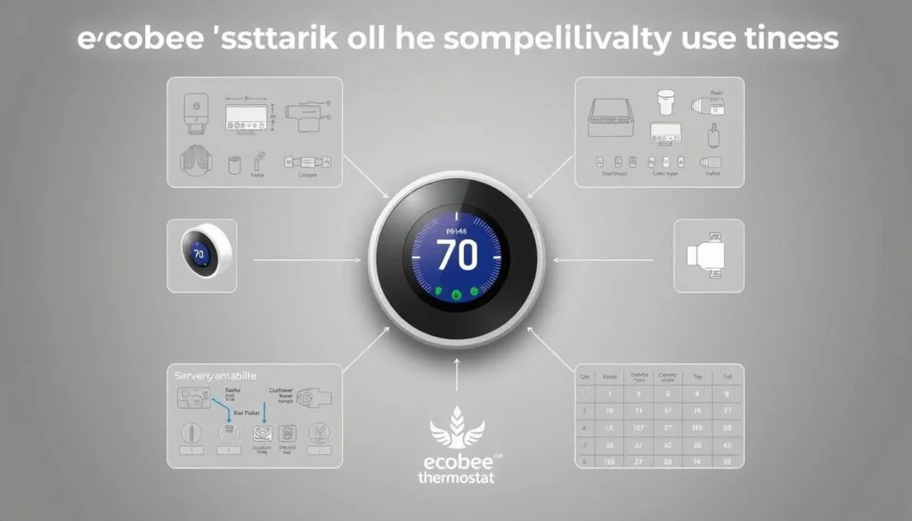 A high-resolution, detailed technical illustration of an ecobee thermostat installation guide compatibility check. The thermostat is prominently displayed in the center, with a neutral gray background and clean lines. The thermostat is shown from multiple angles, highlighting its various components and connectors. Surrounding the thermostat are technical diagrams, schematics, and compatibility matrices, all presented in a clear and organized manner to visually guide the user through the compatibility assessment process. The lighting is soft and even, creating a professional, instructional tone. The overall composition is balanced and uncluttered, prioritizing functional clarity over artistic embellishment. A high-resolution, detailed technical illustration of an ecobee thermostat installation guide compatibility check. The thermostat is prominently displayed in the center, with a neutral gray background and clean lines. The thermostat is shown from multiple angles, highlighting its various components and connectors. Surrounding the thermostat are technical diagrams, schematics, and compatibility matrices, all presented in a clear and organized manner to visually guide the user through the compatibility assessment process. The lighting is soft and even, creating a professional, instructional tone. The overall composition is balanced and uncluttered, prioritizing functional clarity over artistic embellishment.