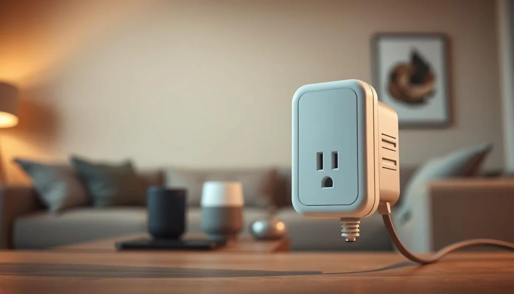 A high-tech, sleek smart plug in a modern interior setting. The plug is positioned prominently in the foreground, its clean, minimalist design accentuated by directional lighting that casts soft shadows. In the middle ground, a selection of smart home devices like a voice assistant and a smartphone are visible, conveying the plug's seamless integration with a connected lifestyle. The background features a warm, neutral-toned wall with simple yet elegant decor, creating a calming, sophisticated ambiance. The overall scene highlights the smart plug's practical functionality and its ability to enhance the aesthetic of a contemporary living space. A high-tech, sleek smart plug in a modern interior setting. The plug is positioned prominently in the foreground, its clean, minimalist design accentuated by directional lighting that casts soft shadows. In the middle ground, a selection of smart home devices like a voice assistant and a smartphone are visible, conveying the plug's seamless integration with a connected lifestyle. The background features a warm, neutral-toned wall with simple yet elegant decor, creating a calming, sophisticated ambiance. The overall scene highlights the smart plug's practical functionality and its ability to enhance the aesthetic of a contemporary living space.
