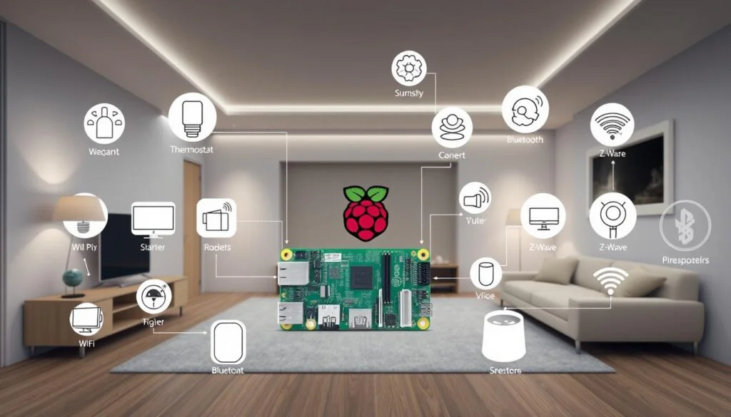 A highly detailed, technically accurate diagram depicting the seamless integration of smart home devices with a Raspberry Pi hub. The foreground showcases the Raspberry Pi device, surrounded by various smart devices like lights, thermostats, security cameras, and voice assistants, all connected via wireless protocols like Wi-Fi, Bluetooth, and Z-Wave. The middle ground highlights the flow of data and commands between the Raspberry Pi and the integrated devices, with clean, minimalist iconography. The background features a sleek, modern interior design, with neutral tones and subtle lighting, creating a sense of sophistication and efficiency. The overall composition conveys the power and versatility of the Raspberry Pi as the central hub for a cutting-edge smart home system. A highly detailed, technically accurate diagram depicting the seamless integration of smart home devices with a Raspberry Pi hub. The foreground showcases the Raspberry Pi device, surrounded by various smart devices like lights, thermostats, security cameras, and voice assistants, all connected via wireless protocols like Wi-Fi, Bluetooth, and Z-Wave. The middle ground highlights the flow of data and commands between the Raspberry Pi and the integrated devices, with clean, minimalist iconography. The background features a sleek, modern interior design, with neutral tones and subtle lighting, creating a sense of sophistication and efficiency. The overall composition conveys the power and versatility of the Raspberry Pi as the central hub for a cutting-edge smart home system.
