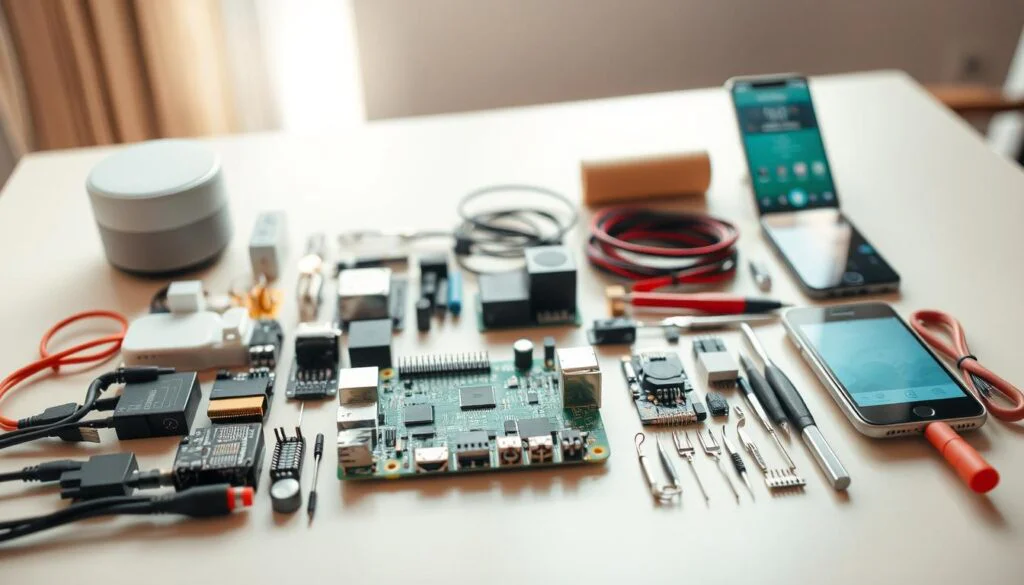 A meticulously crafted flat-lay arrangement of DIY home automation components, bathed in soft, diffused natural light streaming through a window. In the foreground, an open-source microcontroller board such as a Raspberry Pi or Arduino, surrounded by an array of sensors, relays, and other electronic modules. In the middle ground, a selection of cables, connectors, and tools essential for hardware assembly and wiring. The background features a minimalist desk or workbench surface, complemented by subtle hints of a smart home ecosystem, like a voice assistant device or a smartphone displaying a home automation app. The overall composition conveys a sense of organized functionality, hinting at the potential for creating a versatile and customizable Raspberry Pi-based smart home hub. A meticulously crafted flat-lay arrangement of DIY home automation components, bathed in soft, diffused natural light streaming through a window. In the foreground, an open-source microcontroller board such as a Raspberry Pi or Arduino, surrounded by an array of sensors, relays, and other electronic modules. In the middle ground, a selection of cables, connectors, and tools essential for hardware assembly and wiring. The background features a minimalist desk or workbench surface, complemented by subtle hints of a smart home ecosystem, like a voice assistant device or a smartphone displaying a home automation app. The overall composition conveys a sense of organized functionality, hinting at the potential for creating a versatile and customizable Raspberry Pi-based smart home hub.