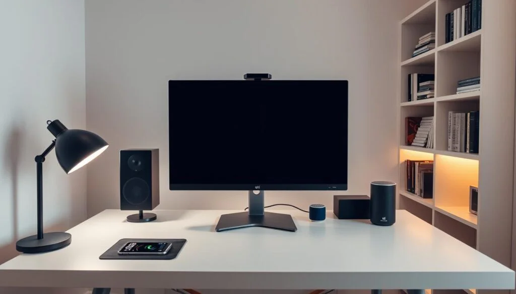A minimalist, well-organized smart home office setup with an ergonomic desk, adjustable task lighting, and sleek tech accessories. A large, high-resolution monitor takes center stage, flanked by wireless charging pads and a voice-controlled smart speaker. The space is bathed in a warm, ambient glow from hidden LED strips, creating a productive yet comfortable atmosphere. Bookshelves line the walls, housing a carefully curated selection of reference materials. The overall aesthetic is clean, modern, and conducive to focused work, reflecting the automation and efficiency of the "smart" setup.