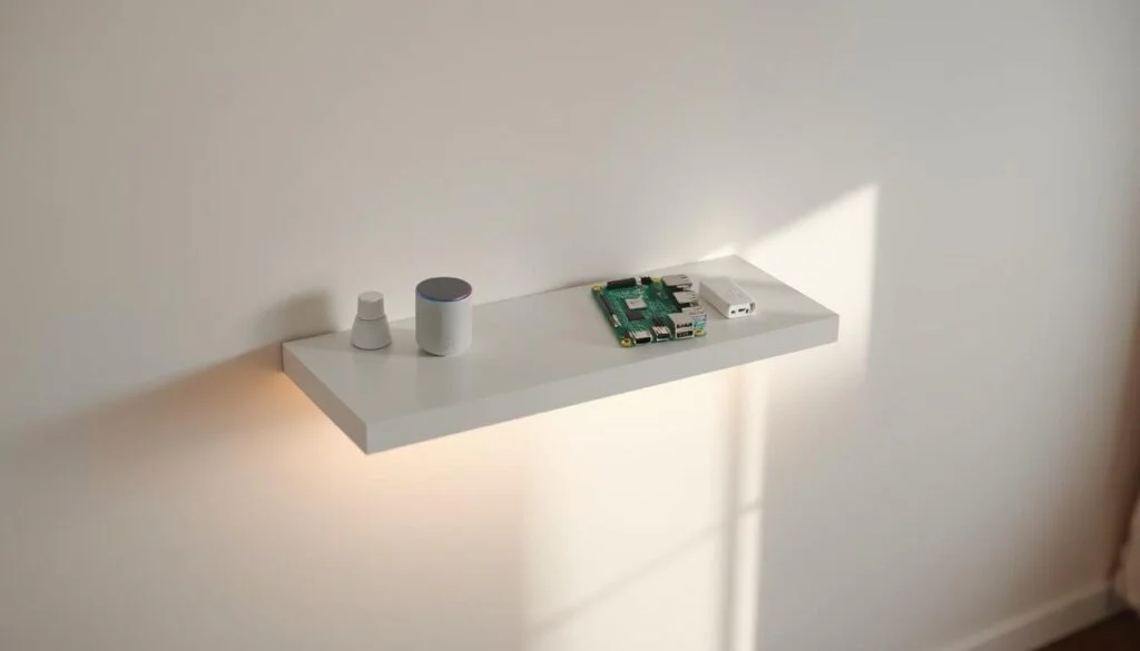 A modern, minimalist home with a Raspberry Pi smart home hub at its center, showcasing an affordable and practical home automation setup. The hub sits on a sleek, white floating shelf, surrounded by a few smart devices - a voice assistant, a smart bulb, and a motion sensor - all seamlessly integrated. The room is bathed in warm, diffused lighting, creating a cozy, inviting atmosphere. The overall scene conveys a sense of simplicity, efficiency, and technological elegance, perfectly suited for a Raspberry Pi-powered smart home. A modern, minimalist home with a Raspberry Pi smart home hub at its center, showcasing an affordable and practical home automation setup. The hub sits on a sleek, white floating shelf, surrounded by a few smart devices - a voice assistant, a smart bulb, and a motion sensor - all seamlessly integrated. The room is bathed in warm, diffused lighting, creating a cozy, inviting atmosphere. The overall scene conveys a sense of simplicity, efficiency, and technological elegance, perfectly suited for a Raspberry Pi-powered smart home.