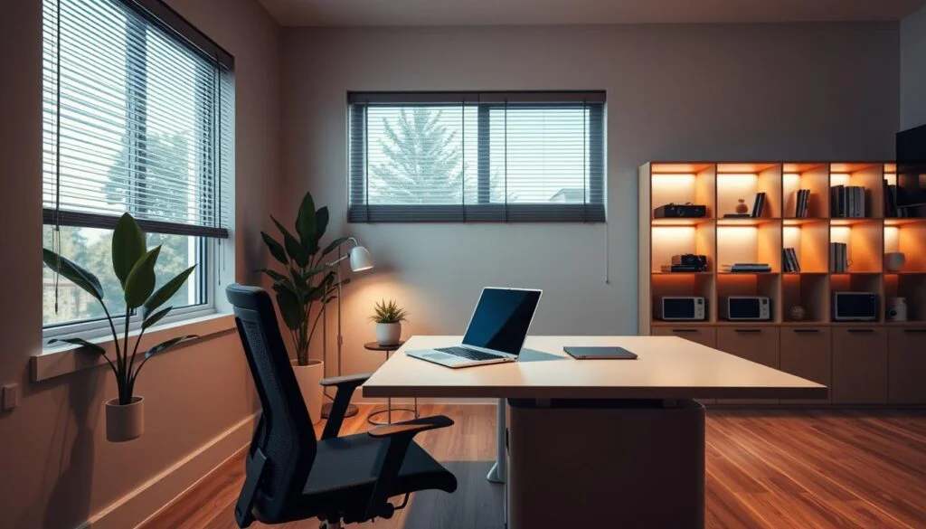 A modern, minimalist office space with energy-efficient features. In the foreground, sleek desk with a laptop, ergonomic chair, and a potted plant. The middle ground showcases a window with natural lighting, automated blinds, and smart home controls. In the background, a bookshelf with energy-efficient LED lighting and smart home appliances. The overall atmosphere is one of productivity, comfort, and environmental sustainability, captured with a warm, muted color palette and soft, directional lighting.