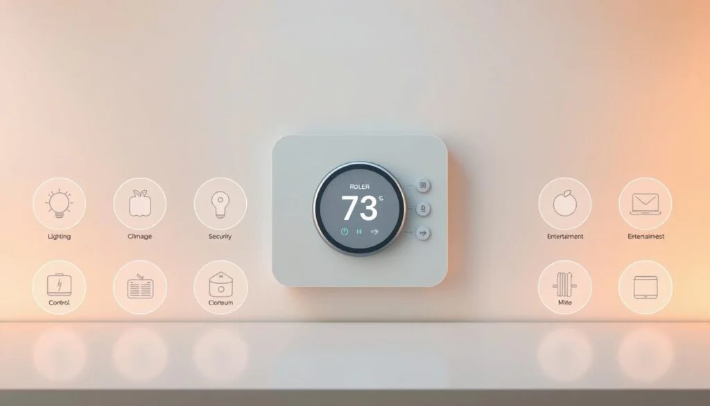 A modern, minimalist smart home app interface with a clean, intuitive layout. The foreground features a series of circular icons representing various smart home functions like lighting, climate control, security, and entertainment. These icons are arranged in a grid, each with a subtle glow and crisp, high-resolution details. The middle ground showcases a large, prominent device control panel, perhaps for a smart home hub or thermostat, with sleek touch-sensitive controls and a clear, legible display. The background is a muted, neutral tone that emphasizes the app's streamlined design, creating a sense of sophistication and technological prowess. Warm, indirect lighting casts a soft, ambient glow across the entire scene, lending a sense of comfort and approachability to the user experience. A modern, minimalist smart home app interface with a clean, intuitive layout. The foreground features a series of circular icons representing various smart home functions like lighting, climate control, security, and entertainment. These icons are arranged in a grid, each with a subtle glow and crisp, high-resolution details. The middle ground showcases a large, prominent device control panel, perhaps for a smart home hub or thermostat, with sleek touch-sensitive controls and a clear, legible display. The background is a muted, neutral tone that emphasizes the app's streamlined design, creating a sense of sophistication and technological prowess. Warm, indirect lighting casts a soft, ambient glow across the entire scene, lending a sense of comfort and approachability to the user experience.