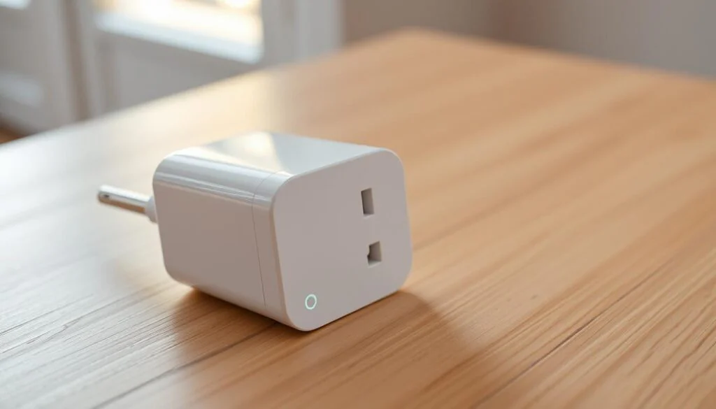 A modern, sleek smart plug rests on a minimalist, wood-grained surface, its glossy white casing and subtle LED indicator light catching the warm, diffused illumination of a nearby window. The plug's simple, rectangular form is accentuated by clean lines and a streamlined design, suggesting its intuitive functionality and seamless integration into a contemporary home interior. The lighting and angle showcase the plug's compact size and discreet, unobtrusive profile, ready to power and automate a variety of household appliances with the tap of a smartphone. A sense of efficiency, convenience, and elegant home technology pervades the scene. A modern, sleek smart plug rests on a minimalist, wood-grained surface, its glossy white casing and subtle LED indicator light catching the warm, diffused illumination of a nearby window. The plug's simple, rectangular form is accentuated by clean lines and a streamlined design, suggesting its intuitive functionality and seamless integration into a contemporary home interior. The lighting and angle showcase the plug's compact size and discreet, unobtrusive profile, ready to power and automate a variety of household appliances with the tap of a smartphone. A sense of efficiency, convenience, and elegant home technology pervades the scene.