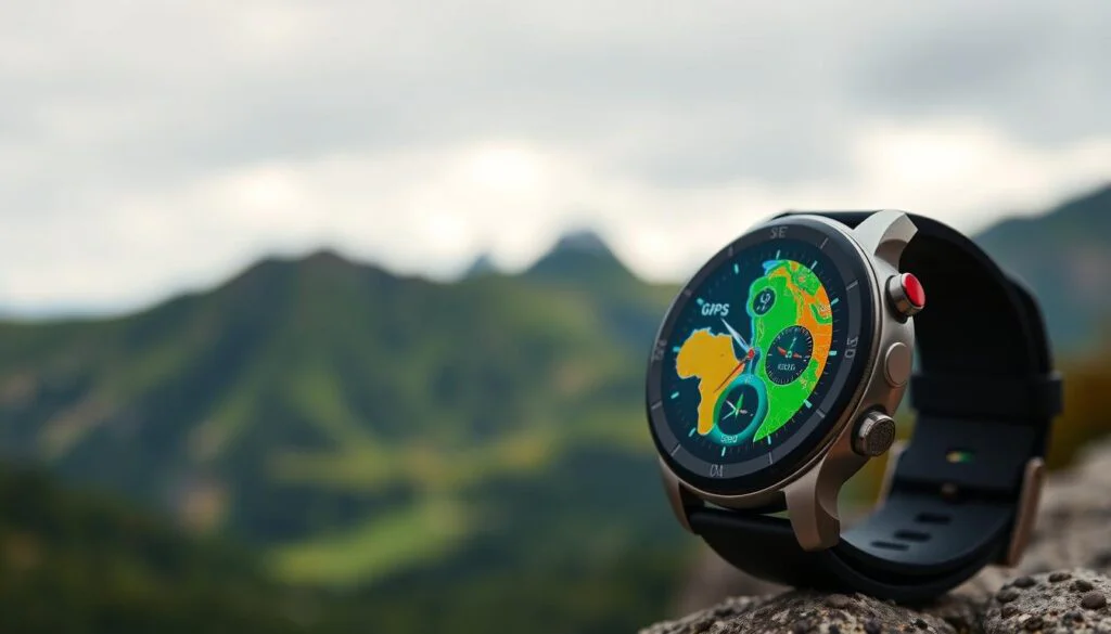A modern smartwatch with a sleek, minimalist design, its face displaying a vibrant GPS map tracking the wearer's real-time location. The watch face is backlit with a soft, ambient glow, illuminating the digital compass and altitude readouts. In the foreground, the watch's durable, scratch-resistant casing gleams under a crisp, natural lighting. The middle ground features a blurred, panoramic view of a lush, mountainous landscape, hinting at the watch's rugged, outdoor-focused capabilities. The background is a serene, overcast sky, conveying a sense of safety and security. The overall mood is one of modern, high-tech functionality seamlessly integrated with the natural world. A modern smartwatch with a sleek, minimalist design, its face displaying a vibrant GPS map tracking the wearer's real-time location. The watch face is backlit with a soft, ambient glow, illuminating the digital compass and altitude readouts. In the foreground, the watch's durable, scratch-resistant casing gleams under a crisp, natural lighting. The middle ground features a blurred, panoramic view of a lush, mountainous landscape, hinting at the watch's rugged, outdoor-focused capabilities. The background is a serene, overcast sky, conveying a sense of safety and security. The overall mood is one of modern, high-tech functionality seamlessly integrated with the natural world.