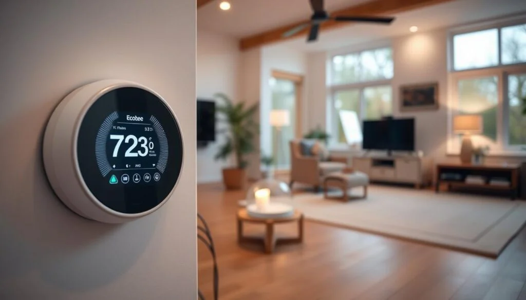 A modern, well-appointed smart home climate control setup. In the foreground, a sleek, wall-mounted Ecobee thermostat with a bright, high-resolution display showcasing temperature, humidity, and smart home integration controls. Beside it, a smart home hub or voice assistant device. In the middle ground, neatly organized wiring and cables leading to discreetly placed air vents and sensors blending seamlessly into the home's interior design. The background features a cozy, well-lit living space with large windows, soft lighting, and minimalist decor, creating a peaceful, comfortable ambiance. The overall scene conveys a sense of technological integration, energy efficiency, and elegant home automation. A modern, well-appointed smart home climate control setup. In the foreground, a sleek, wall-mounted Ecobee thermostat with a bright, high-resolution display showcasing temperature, humidity, and smart home integration controls. Beside it, a smart home hub or voice assistant device. In the middle ground, neatly organized wiring and cables leading to discreetly placed air vents and sensors blending seamlessly into the home's interior design. The background features a cozy, well-lit living space with large windows, soft lighting, and minimalist decor, creating a peaceful, comfortable ambiance. The overall scene conveys a sense of technological integration, energy efficiency, and elegant home automation.