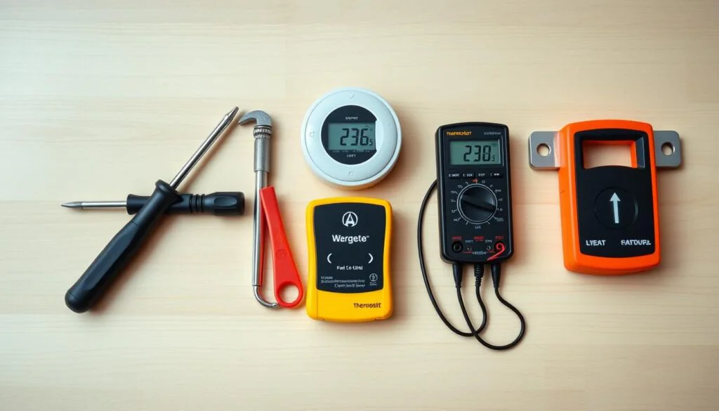 A neatly arranged set of programmable thermostat upgrade tools, including a screwdriver set, wire stripper, digital multimeter, and level, all resting on a clean, uncluttered wooden surface. Soft, natural lighting illuminates the tools, showcasing their textures and details. The composition is balanced, with the tools positioned in a visually appealing layout that invites the viewer to imagine their use in upgrading a thermostat. The overall mood is one of professionalism, organization, and attention to detail, reflecting the importance of using the right tools for a successful thermostat installation. A neatly arranged set of programmable thermostat upgrade tools, including a screwdriver set, wire stripper, digital multimeter, and level, all resting on a clean, uncluttered wooden surface. Soft, natural lighting illuminates the tools, showcasing their textures and details. The composition is balanced, with the tools positioned in a visually appealing layout that invites the viewer to imagine their use in upgrading a thermostat. The overall mood is one of professionalism, organization, and attention to detail, reflecting the importance of using the right tools for a successful thermostat installation.
