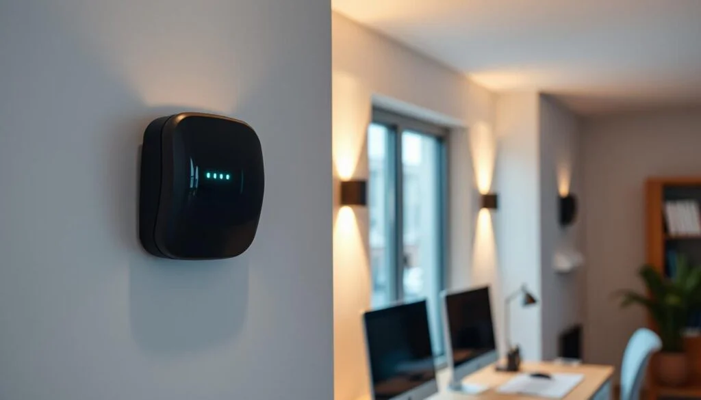 A set of high-tech motion sensors mounted on the walls of a modern, minimalist home office. The sensors are sleek, discreet, and blended seamlessly into the architectural design, with a muted color palette that complements the office decor. Soft, directional lighting highlights the sensors, casting subtle shadows that convey a sense of advanced security and automation. The room is bathed in a warm, inviting glow, creating a comfortable, productive atmosphere. The sensors appear highly sensitive, capable of precisely detecting any movement or activity, ensuring the home office remains secure and protected.