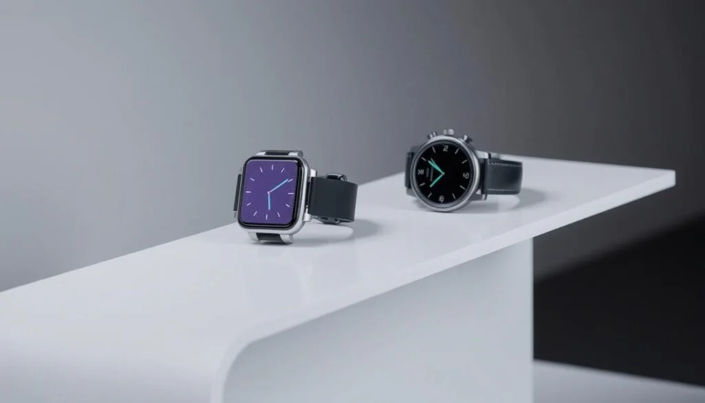 A side-by-side comparison of a 4G smartwatch and a Bluetooth smartwatch on a sleek, minimalist table. The 4G watch is highlighted with a modern, angular design and a crisp display, while the Bluetooth watch has a more rounded, classic aesthetic. Soft, directional lighting illuminates the watches, emphasizing their distinctive features and materials. The background is a muted, gradient-based environment that allows the watches to take center stage. The composition is balanced, with the watches positioned to draw the viewer's eye and facilitate a clear, unobstructed comparison. A side-by-side comparison of a 4G smartwatch and a Bluetooth smartwatch on a sleek, minimalist table. The 4G watch is highlighted with a modern, angular design and a crisp display, while the Bluetooth watch has a more rounded, classic aesthetic. Soft, directional lighting illuminates the watches, emphasizing their distinctive features and materials. The background is a muted, gradient-based environment that allows the watches to take center stage. The composition is balanced, with the watches positioned to draw the viewer's eye and facilitate a clear, unobstructed comparison.