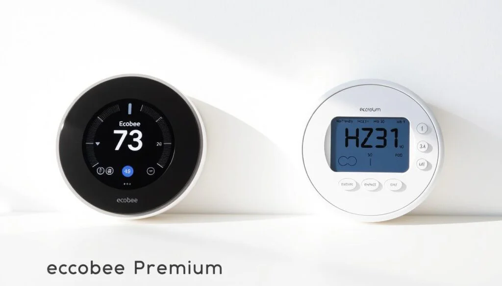 A side-by-side comparison of two state-of-the-art, energy-efficient thermostats: the sleek, minimalist Ecobee Premium and the functional HZ311. Both thermostats are showcased against a clean, white background, illuminated by soft, natural lighting. The Ecobee Premium, with its touch-enabled display and modern design, is shown on the left, while the HZ311, with its traditional button controls, occupies the right side. The thermostats are positioned at an angle, allowing for a clear view of their features and capabilities. The overall composition conveys a sense of balance, highlighting the key differences in energy efficiency and user-friendliness between the two devices. A side-by-side comparison of two state-of-the-art, energy-efficient thermostats: the sleek, minimalist Ecobee Premium and the functional HZ311. Both thermostats are showcased against a clean, white background, illuminated by soft, natural lighting. The Ecobee Premium, with its touch-enabled display and modern design, is shown on the left, while the HZ311, with its traditional button controls, occupies the right side. The thermostats are positioned at an angle, allowing for a clear view of their features and capabilities. The overall composition conveys a sense of balance, highlighting the key differences in energy efficiency and user-friendliness between the two devices.
