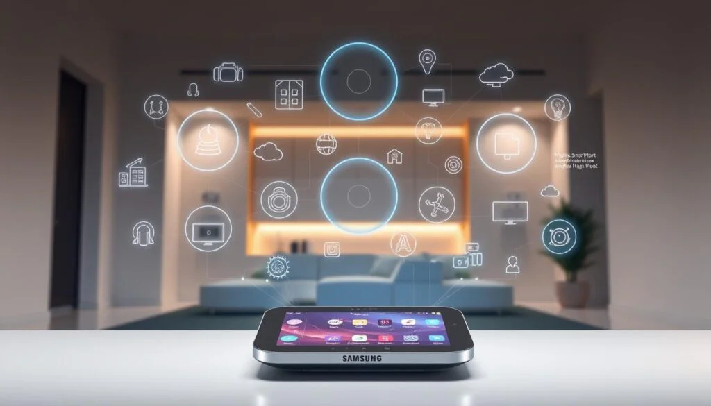 A sleek and futuristic evolution of the Samsung SmartThings Hub, showcased in a clean, well-lit studio setting. The hub sits prominently in the foreground, its modern design and intuitive touchscreen interface highlighting its technological advancements. In the middle ground, holographic representations of connected devices, sensors, and smart home features surround the hub, illustrating its expansive capabilities. The background depicts a minimalist smart home interior, with subtle hints of ambient lighting and seamless integration of various IoT elements. The overall composition conveys a sense of progress, efficiency, and the Hub's central role in the seamless interconnection of a modern, intelligent living space. A sleek and futuristic evolution of the Samsung SmartThings Hub, showcased in a clean, well-lit studio setting. The hub sits prominently in the foreground, its modern design and intuitive touchscreen interface highlighting its technological advancements. In the middle ground, holographic representations of connected devices, sensors, and smart home features surround the hub, illustrating its expansive capabilities. The background depicts a minimalist smart home interior, with subtle hints of ambient lighting and seamless integration of various IoT elements. The overall composition conveys a sense of progress, efficiency, and the Hub's central role in the seamless interconnection of a modern, intelligent living space.
