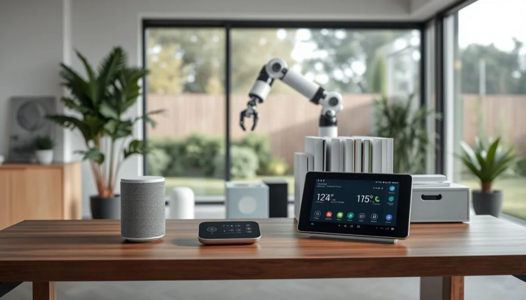 A sleek and minimalist home office with a variety of smart automation devices elegantly arranged on a modern, wooden desk. In the foreground, a voice-controlled smart speaker and a touchscreen control panel for lighting, temperature, and security. In the middle ground, a robotic arm organizes documents and files autonomously. In the background, a large window overlooking a tranquil garden, with natural light filtering in, creating a serene and productive atmosphere. The overall scene conveys a sense of efficiency, convenience, and technological integration, perfectly suited for a smart home office.