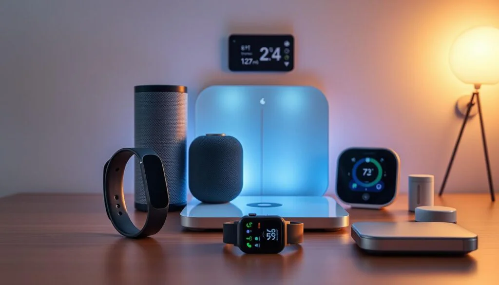 A sleek and modern arrangement of cutting-edge smart health devices, all seamlessly integrated and displayed against a clean, minimalist background. In the foreground, a smart fitness tracker and smartwatch stand out with their crisp, high-resolution displays and intuitive touch interfaces. In the middle ground, a smart speaker and smart scale blend harmoniously, emanating a soft, ambient glow. In the background, a smart thermostat and smart lighting controls establish a calming, wellness-focused atmosphere, with subtle blue and green hues complementing the overall aesthetic. The scene is illuminated by warm, directional lighting, capturing the advanced sensors and discreet design of these state-of-the-art health and wellness devices. A sleek and modern arrangement of cutting-edge smart health devices, all seamlessly integrated and displayed against a clean, minimalist background. In the foreground, a smart fitness tracker and smartwatch stand out with their crisp, high-resolution displays and intuitive touch interfaces. In the middle ground, a smart speaker and smart scale blend harmoniously, emanating a soft, ambient glow. In the background, a smart thermostat and smart lighting controls establish a calming, wellness-focused atmosphere, with subtle blue and green hues complementing the overall aesthetic. The scene is illuminated by warm, directional lighting, capturing the advanced sensors and discreet design of these state-of-the-art health and wellness devices.