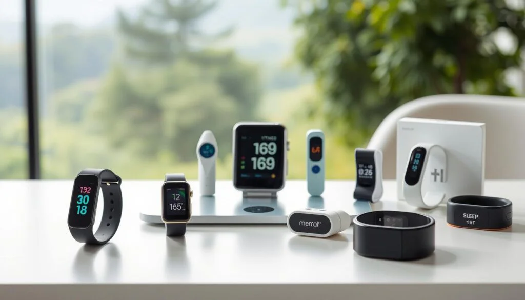 A sleek and modern array of smart health devices arranged on a minimalist table against a softly lit, natural backdrop. In the foreground, a state-of-the-art fitness tracker, smartwatch, and smart scale seamlessly blend form and function. In the middle ground, a smart thermometer, blood pressure monitor, and sleep tracker demonstrate the wide range of health data these devices can capture. The background features a serene, out-of-focus landscape, conveying a sense of wellness and balance. The overall scene exudes a clean, high-tech aesthetic that reflects the advanced capabilities of these cutting-edge smart health tools. A sleek and modern array of smart health devices arranged on a minimalist table against a softly lit, natural backdrop. In the foreground, a state-of-the-art fitness tracker, smartwatch, and smart scale seamlessly blend form and function. In the middle ground, a smart thermometer, blood pressure monitor, and sleep tracker demonstrate the wide range of health data these devices can capture. The background features a serene, out-of-focus landscape, conveying a sense of wellness and balance. The overall scene exudes a clean, high-tech aesthetic that reflects the advanced capabilities of these cutting-edge smart health tools.
