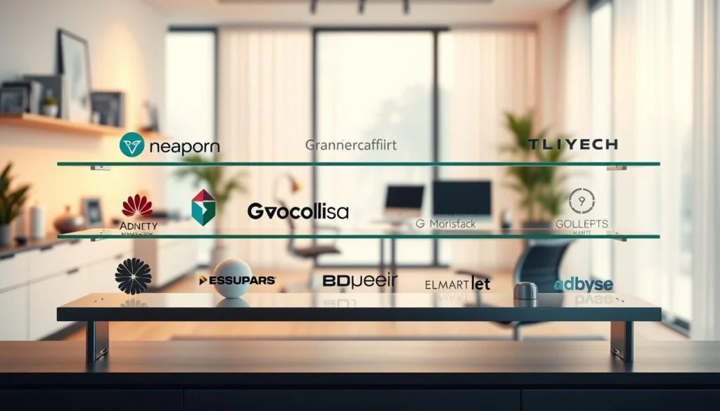 A sleek and modern home office, bathed in warm, diffused lighting. In the foreground, a display of the top smart home automation brands, showcased on a minimalist glass and metal display shelf. The brands are rendered in vivid, high-quality detail, their logos and designs clearly visible. The middle ground features a spacious, clutter-free workspace with a clean, ergonomic desk and chair. The background is a softly blurred view of a large window, allowing natural light to filter in and create a sense of openness and tranquility. The overall atmosphere is one of efficiency, technology, and streamlined productivity.