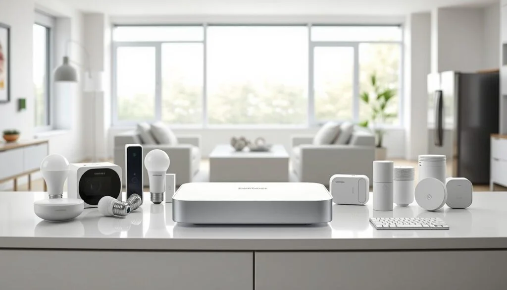 A sleek and modern smart home setup, centered around a Samsung SmartThings Hub v3. The device sits prominently on a minimalist white desk, its clean, rectangular design and subtle lighting accents creating a sense of technological sophistication. In the background, a bright, airy room with large windows, allowing natural light to pour in and illuminate the scene. Various smart home devices, such as light bulbs, sensors, and appliances, are strategically placed around the hub, seamlessly integrated into the harmonious, clutter-free environment. The composition emphasizes the hub's role as the central control point, with a sense of order, efficiency, and the future of connected living. A sleek and modern smart home setup, centered around a Samsung SmartThings Hub v3. The device sits prominently on a minimalist white desk, its clean, rectangular design and subtle lighting accents creating a sense of technological sophistication. In the background, a bright, airy room with large windows, allowing natural light to pour in and illuminate the scene. Various smart home devices, such as light bulbs, sensors, and appliances, are strategically placed around the hub, seamlessly integrated into the harmonious, clutter-free environment. The composition emphasizes the hub's role as the central control point, with a sense of order, efficiency, and the future of connected living.