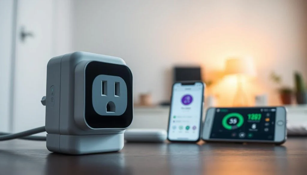 A sleek and modern smart plug in the foreground, its LED indicator glowing softly. The plug is connected to a smartphone or tablet displaying energy usage statistics and real-time monitoring data. In the background, a minimalist smart home setup with various connected devices, all seamlessly integrated through a central control panel. Warm, indirect lighting casts a cozy glow, and the overall scene conveys a sense of effortless automation and efficient home management. A sleek and modern smart plug in the foreground, its LED indicator glowing softly. The plug is connected to a smartphone or tablet displaying energy usage statistics and real-time monitoring data. In the background, a minimalist smart home setup with various connected devices, all seamlessly integrated through a central control panel. Warm, indirect lighting casts a cozy glow, and the overall scene conveys a sense of effortless automation and efficient home management.