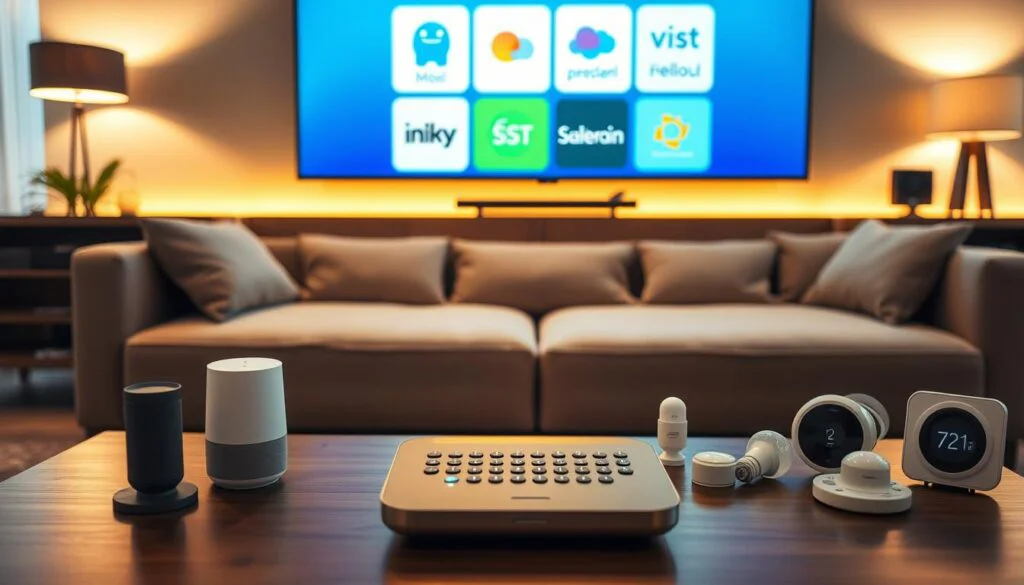 A sleek, contemporary living room with a prominent smart home control panel on the coffee table, surrounded by various smart home devices - a voice assistant, security camera, smart light bulbs, and a smart thermostat. The scene is bathed in warm, ambient lighting, creating a cozy and inviting atmosphere. In the background, a large flat-screen TV displays different smart home platform logos, inviting the viewer to compare and contrast the features and capabilities of these competing systems. The overall composition conveys a sense of technological integration and seamless home automation. A sleek, contemporary living room with a prominent smart home control panel on the coffee table, surrounded by various smart home devices - a voice assistant, security camera, smart light bulbs, and a smart thermostat. The scene is bathed in warm, ambient lighting, creating a cozy and inviting atmosphere. In the background, a large flat-screen TV displays different smart home platform logos, inviting the viewer to compare and contrast the features and capabilities of these competing systems. The overall composition conveys a sense of technological integration and seamless home automation.