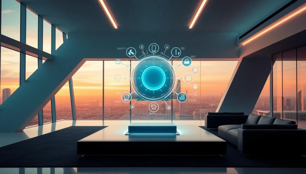 A sleek, futuristic interior with a central smart home hub levitating amidst a minimalist, high-tech setting. The hub is surrounded by a holographic interface displaying various connected devices and protocols, emanating a soft, ambient glow. The background features clean, angular architecture with large windows overlooking a cityscape bathed in warm, sunset hues. Smooth, reflective surfaces and subtle, futuristic lighting create an atmosphere of advanced, seamless automation. The scene conveys a sense of innovation, efficiency, and the promise of a connected, intelligent home of tomorrow. A sleek, futuristic interior with a central smart home hub levitating amidst a minimalist, high-tech setting. The hub is surrounded by a holographic interface displaying various connected devices and protocols, emanating a soft, ambient glow. The background features clean, angular architecture with large windows overlooking a cityscape bathed in warm, sunset hues. Smooth, reflective surfaces and subtle, futuristic lighting create an atmosphere of advanced, seamless automation. The scene conveys a sense of innovation, efficiency, and the promise of a connected, intelligent home of tomorrow.