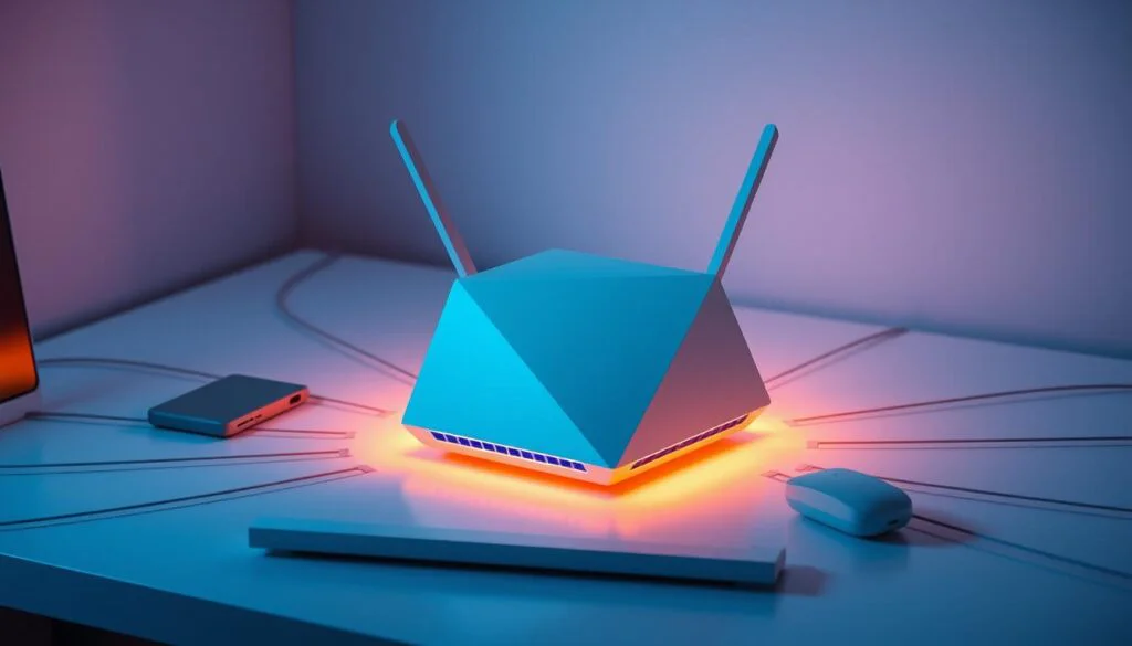 A sleek, futuristic smart hub sits atop a minimalist desk, surrounded by a web of seamless wireless connections. The hub's clean, angular design emanates a sense of technological sophistication, casting a warm, diffused glow across the workspace. Precision-engineered antennas protrude subtly, symbolizing the device's robust connectivity capabilities. The scene is bathed in a cool, blue-tinted light, creating an atmosphere of efficiency and innovation. Elegant lines and smooth surfaces convey the hub's reliable, user-friendly integration with a wide range of smart home devices. This image captures the essence of a modern, versatile smart home control center. A sleek, futuristic smart hub sits atop a minimalist desk, surrounded by a web of seamless wireless connections. The hub's clean, angular design emanates a sense of technological sophistication, casting a warm, diffused glow across the workspace. Precision-engineered antennas protrude subtly, symbolizing the device's robust connectivity capabilities. The scene is bathed in a cool, blue-tinted light, creating an atmosphere of efficiency and innovation. Elegant lines and smooth surfaces convey the hub's reliable, user-friendly integration with a wide range of smart home devices. This image captures the essence of a modern, versatile smart home control center.
