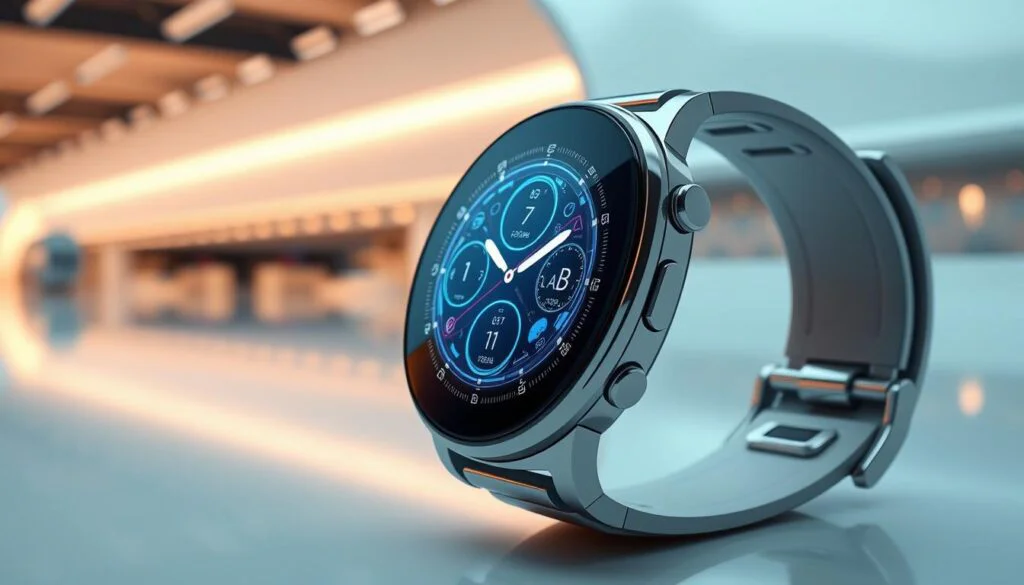 A sleek, futuristic smartwatch with a curved, bezel-less display dominates the foreground. Its surface is adorned with a sophisticated array of sensors and monitoring modules, seamlessly integrated into the design. The watch face presents a vibrant, holographic-like interface, showcasing real-time health data and personalized insights. In the background, a minimalist, high-tech environment unfolds, with clean lines, soft lighting, and a sense of advanced, yet calming technology. The image conveys a vision of the future where health tracking on the wrist is seamless, intuitive, and deeply connected to the user's well-being. A sleek, futuristic smartwatch with a curved, bezel-less display dominates the foreground. Its surface is adorned with a sophisticated array of sensors and monitoring modules, seamlessly integrated into the design. The watch face presents a vibrant, holographic-like interface, showcasing real-time health data and personalized insights. In the background, a minimalist, high-tech environment unfolds, with clean lines, soft lighting, and a sense of advanced, yet calming technology. The image conveys a vision of the future where health tracking on the wrist is seamless, intuitive, and deeply connected to the user's well-being.