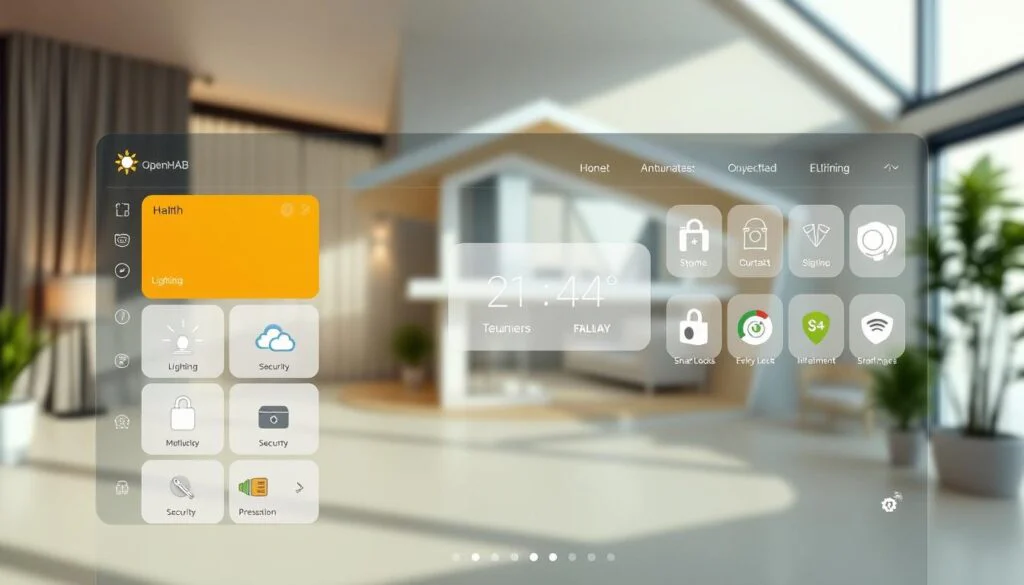 A sleek, intuitive dashboard of a smart home control interface powered by OpenHAB. The foreground displays a clean, responsive touchscreen UI with customizable tiles for lighting, temperature, security, and other connected home devices. The middle ground showcases a 3D rendered model of a modern, minimalist home exterior with smart sensor icons. The background features a softly blurred smart home landscape, including automated curtains, smart locks, and an energy-efficient HVAC system. The overall scene conveys a sense of seamless home automation, enhanced by natural lighting and a calming, futuristic aesthetic. A sleek, intuitive dashboard of a smart home control interface powered by OpenHAB. The foreground displays a clean, responsive touchscreen UI with customizable tiles for lighting, temperature, security, and other connected home devices. The middle ground showcases a 3D rendered model of a modern, minimalist home exterior with smart sensor icons. The background features a softly blurred smart home landscape, including automated curtains, smart locks, and an energy-efficient HVAC system. The overall scene conveys a sense of seamless home automation, enhanced by natural lighting and a calming, futuristic aesthetic.