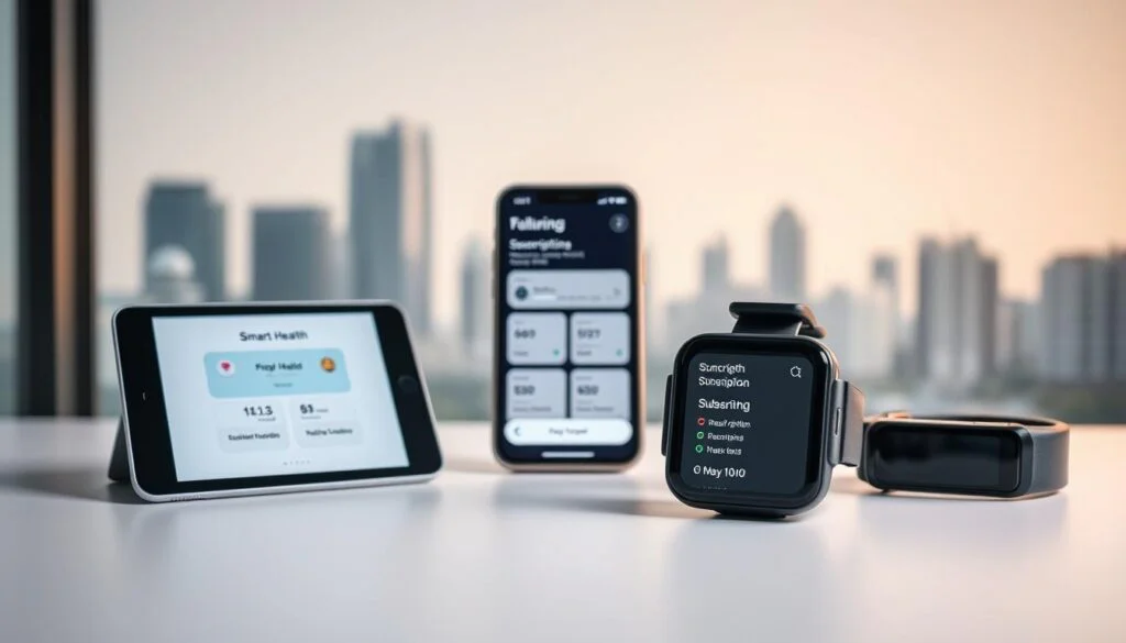 A sleek, minimalist desktop arrangement showcasing various smart health subscription devices. In the foreground, a smartwatch and a fitness tracker sit on a clean, white surface, their screens displaying subscription plan options. In the middle ground, a tablet or smartphone prop displays an interactive interface for managing multiple health subscriptions. The background features a blurred urban skyline, conveying a sense of modern, connected wellness. Soft, directional lighting casts a warm, inviting glow, highlighting the precision-crafted devices. The overall composition suggests the convenience and flexibility of subscription-based smart health technologies. A sleek, minimalist desktop arrangement showcasing various smart health subscription devices. In the foreground, a smartwatch and a fitness tracker sit on a clean, white surface, their screens displaying subscription plan options. In the middle ground, a tablet or smartphone prop displays an interactive interface for managing multiple health subscriptions. The background features a blurred urban skyline, conveying a sense of modern, connected wellness. Soft, directional lighting casts a warm, inviting glow, highlighting the precision-crafted devices. The overall composition suggests the convenience and flexibility of subscription-based smart health technologies.