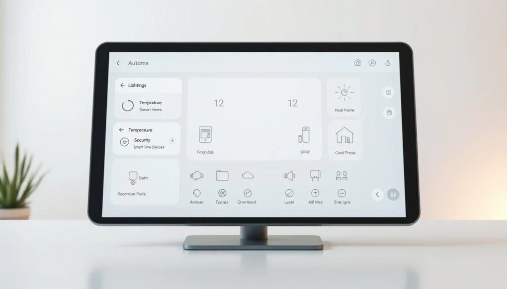 A sleek, minimalist home automation software interface displayed on a high-resolution touchscreen device. The foreground showcases various controls and settings for lighting, temperature, security, and other smart home features, arranged in a clean, intuitive layout. The middle ground features elegant, simple icons and visualizations conveying real-time data from connected devices. The background subtly blends a soft, neutral color palette with subtle, ambient lighting, creating a calming, modern atmosphere. The overall impression is one of effortless control and seamless integration of a Raspberry Pi-powered smart home hub. A sleek, minimalist home automation software interface displayed on a high-resolution touchscreen device. The foreground showcases various controls and settings for lighting, temperature, security, and other smart home features, arranged in a clean, intuitive layout. The middle ground features elegant, simple icons and visualizations conveying real-time data from connected devices. The background subtly blends a soft, neutral color palette with subtle, ambient lighting, creating a calming, modern atmosphere. The overall impression is one of effortless control and seamless integration of a Raspberry Pi-powered smart home hub.