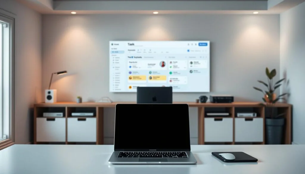 A sleek, minimalist home office with streamlined workflow automation. In the foreground, a modern desk with clean lines and a minimalist laptop setup. Midground showcases automated task management software, with virtual task boards and smart scheduling. The background features a neutral-toned, clutter-free environment, illuminated by warm, indirect lighting from hidden fixtures. The overall mood is one of efficiency, focus, and technological sophistication, reflecting the seamless integration of workflow automation into the productive home workspace.