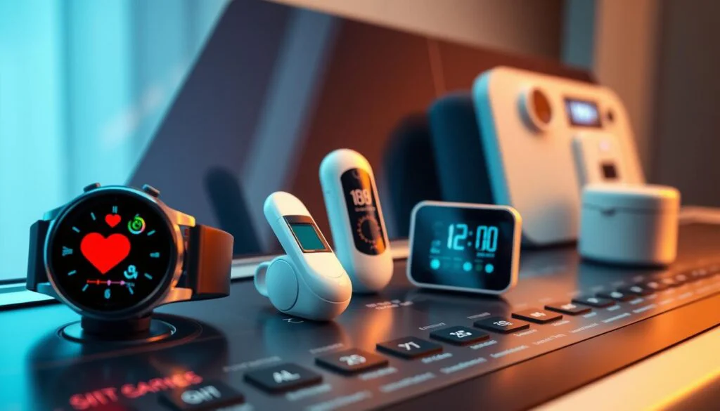 A sleek, modern control panel displaying a range of smart health and wellness devices. In the foreground, a smartwatch tracks heart rate and fitness metrics, while a smart sleep tracker rests nearby. In the middle ground, a smart thermometer and blood pressure monitor are showcased, their digital readouts glowing with relevant data. In the background, a smart scale and smart pill dispenser are subtly integrated, creating a cohesive and technologically advanced wellness ecosystem. Soft, directional lighting illuminates the scene, casting a warm, futuristic atmosphere. The composition emphasizes the seamless integration of these cutting-edge devices, hinting at the evolution of smart health and wellness technology. A sleek, modern control panel displaying a range of smart health and wellness devices. In the foreground, a smartwatch tracks heart rate and fitness metrics, while a smart sleep tracker rests nearby. In the middle ground, a smart thermometer and blood pressure monitor are showcased, their digital readouts glowing with relevant data. In the background, a smart scale and smart pill dispenser are subtly integrated, creating a cohesive and technologically advanced wellness ecosystem. Soft, directional lighting illuminates the scene, casting a warm, futuristic atmosphere. The composition emphasizes the seamless integration of these cutting-edge devices, hinting at the evolution of smart health and wellness technology.