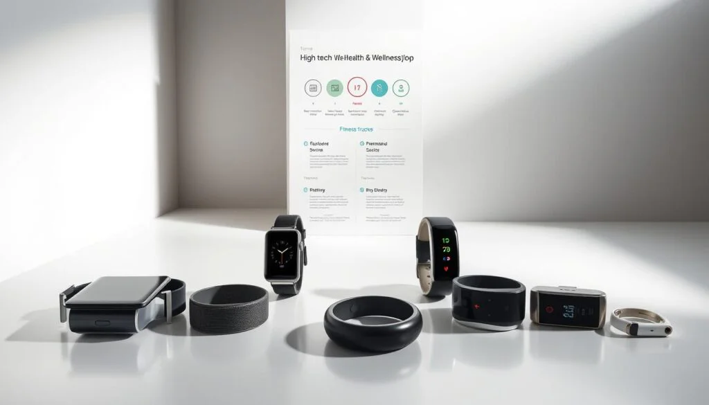 A sleek, modern display showcasing a side-by-side comparison of high-tech health and wellness devices. In the foreground, a stylized arrangement of smartwatches, fitness trackers, and biometric sensors rests on a smooth, reflective surface, casting subtle shadows. The middle ground features a minimalist infographic highlighting key features and capabilities of each device, presented in a clean, data-driven layout. The background is a soft, gradient-rich environment, lending a sense of depth and sophistication to the scene. Gentle, directional lighting accentuates the refined, premium aesthetics of the gadgets, inviting the viewer to closely examine and compare the latest advancements in personal health technology. A sleek, modern display showcasing a side-by-side comparison of high-tech health and wellness devices. In the foreground, a stylized arrangement of smartwatches, fitness trackers, and biometric sensors rests on a smooth, reflective surface, casting subtle shadows. The middle ground features a minimalist infographic highlighting key features and capabilities of each device, presented in a clean, data-driven layout. The background is a soft, gradient-rich environment, lending a sense of depth and sophistication to the scene. Gentle, directional lighting accentuates the refined, premium aesthetics of the gadgets, inviting the viewer to closely examine and compare the latest advancements in personal health technology.