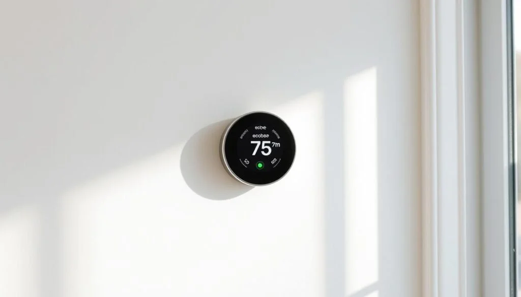 A sleek, modern ecobee SmartThermostat with voice control against a subtly textured white wall. The thermostat is centered in the frame, showcasing its clean lines and intuitive touch interface. Soft, natural lighting from a window illuminates the scene, casting gentle shadows and highlights that accentuate the device's minimalist design. The background is intentionally blurred, keeping the focus on the smartthermostat and creating a sense of depth. The overall mood is one of simplicity, functionality, and seamless home integration. A sleek, modern ecobee SmartThermostat with voice control against a subtly textured white wall. The thermostat is centered in the frame, showcasing its clean lines and intuitive touch interface. Soft, natural lighting from a window illuminates the scene, casting gentle shadows and highlights that accentuate the device's minimalist design. The background is intentionally blurred, keeping the focus on the smartthermostat and creating a sense of depth. The overall mood is one of simplicity, functionality, and seamless home integration.