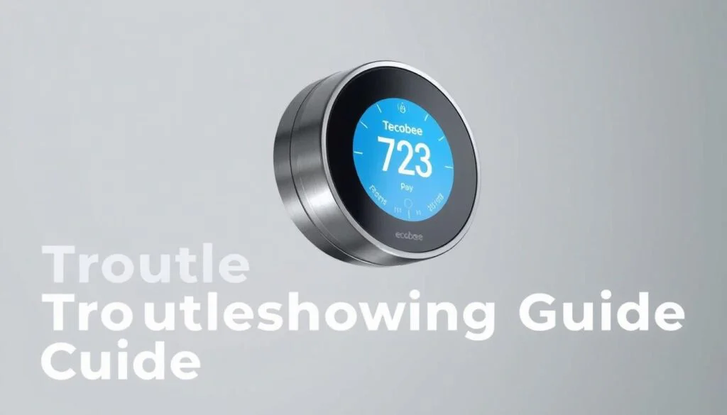 A sleek, modern ecobee thermostat floating against a clean, minimalist background. The device is rendered in high detail, with a brushed metal finish and a crisp digital display. Soft, directional lighting from the side creates depth and highlights the thermostat's elegant form. The scene conveys a sense of technical precision and effortless functionality, perfectly suited for a troubleshooting guide. The background is a simple, muted color that allows the thermostat to be the central focus, inviting the viewer to examine its features and controls. A sleek, modern ecobee thermostat floating against a clean, minimalist background. The device is rendered in high detail, with a brushed metal finish and a crisp digital display. Soft, directional lighting from the side creates depth and highlights the thermostat's elegant form. The scene conveys a sense of technical precision and effortless functionality, perfectly suited for a troubleshooting guide. The background is a simple, muted color that allows the thermostat to be the central focus, inviting the viewer to examine its features and controls.