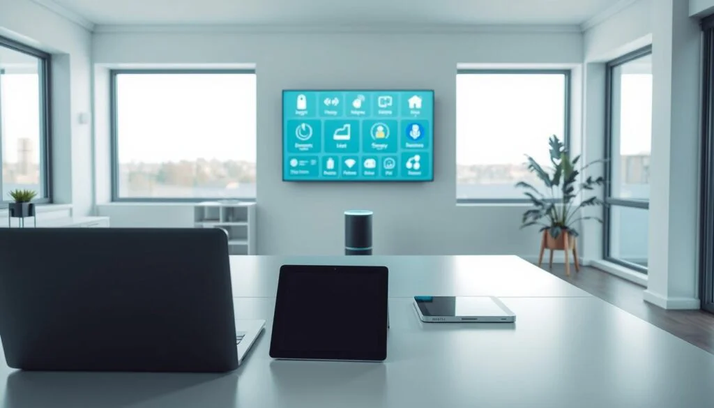 A sleek, modern home office with a minimalist aesthetic. In the foreground, a clean, uncluttered desk with a laptop, tablet, and smart home control panel neatly arranged. Behind it, a wall-mounted display showing various automation systems - lighting, temperature, security, and multimedia - all seamlessly integrated and controlled from a single interface. The middle ground features a futuristic-looking smart speaker and voice assistant, while the background showcases large windows flooding the space with natural light, creating a bright and airy atmosphere. The overall scene conveys a sense of efficiency, organization, and technological harmony within a serene, productivity-focused home environment.