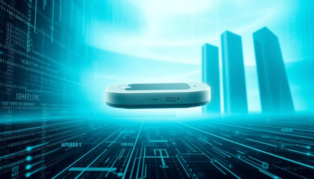 A sleek, modern smart health device hovers against a backdrop of abstract digital patterns and encrypted data streams. Soft blue and green tones evoke a sense of futuristic technology and data privacy. The device's minimalist design exudes a discreet elegance, with only essential controls and sensors visible. Towering monolithic structures in the distance symbolize the imposing scale of the health data ecosystem. The overall scene conveys a balance between the convenience of smart health tech and the importance of safeguarding personal information. A sleek, modern smart health device hovers against a backdrop of abstract digital patterns and encrypted data streams. Soft blue and green tones evoke a sense of futuristic technology and data privacy. The device's minimalist design exudes a discreet elegance, with only essential controls and sensors visible. Towering monolithic structures in the distance symbolize the imposing scale of the health data ecosystem. The overall scene conveys a balance between the convenience of smart health tech and the importance of safeguarding personal information.