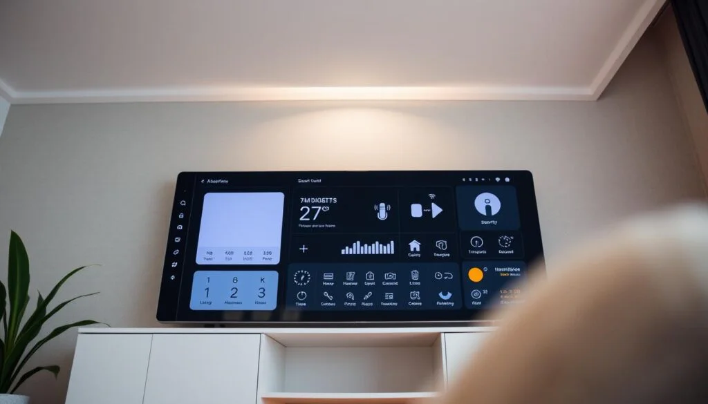 A sleek, modern smart home dashboard with a clean, minimalist interface. The foreground features a large, high-resolution display showcasing customizable widgets and controls for lighting, temperature, security, and home automation. The middle ground includes intuitive touch-based controls and a minimalist navigation menu. The background has a subtle gradient or textured wallpaper, creating a sense of depth and sophistication. The lighting is soft and evenly distributed, with a gentle glow emanating from the display. The camera angle is slightly elevated, providing an ergonomic and visually appealing perspective. The overall atmosphere is one of technological elegance and seamless home integration. A sleek, modern smart home dashboard with a clean, minimalist interface. The foreground features a large, high-resolution display showcasing customizable widgets and controls for lighting, temperature, security, and home automation. The middle ground includes intuitive touch-based controls and a minimalist navigation menu. The background has a subtle gradient or textured wallpaper, creating a sense of depth and sophistication. The lighting is soft and evenly distributed, with a gentle glow emanating from the display. The camera angle is slightly elevated, providing an ergonomic and visually appealing perspective. The overall atmosphere is one of technological elegance and seamless home integration.