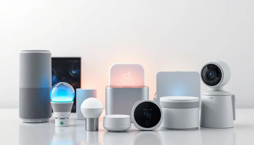 A sleek, modern smart home device compatibility display. In the foreground, a selection of popular smart home products - a voice assistant, smart light bulb, smart thermostat, and security camera - arranged in a clean, minimalist layout. The middle ground showcases a central smart home hub, with various interconnected devices surrounding it, all bathed in a warm, ambient lighting. The background features a subtle pattern of interlocking hexagons, representing the seamless integration and communication between the different smart home components. The overall scene conveys a sense of technological sophistication, efficiency, and the effortless compatibility of a well-designed smart home ecosystem. A sleek, modern smart home device compatibility display. In the foreground, a selection of popular smart home products - a voice assistant, smart light bulb, smart thermostat, and security camera - arranged in a clean, minimalist layout. The middle ground showcases a central smart home hub, with various interconnected devices surrounding it, all bathed in a warm, ambient lighting. The background features a subtle pattern of interlocking hexagons, representing the seamless integration and communication between the different smart home components. The overall scene conveys a sense of technological sophistication, efficiency, and the effortless compatibility of a well-designed smart home ecosystem.