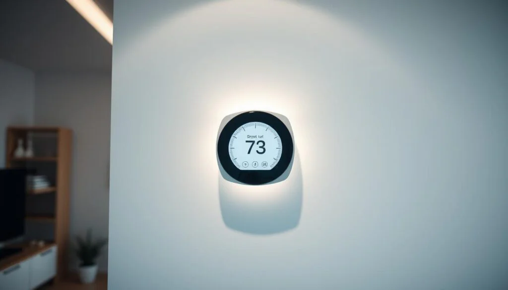 A sleek, modern smart home thermostat positioned prominently on a minimalist white wall, casting a soft glow from its backlit display. Precisely rendered digital interface with intuitive controls, centered in the frame. Soft, diffused overhead lighting casts subtle shadows, highlighting the thermostat's clean, angular design. The background is a blurred, out-of-focus scene of a contemporary, connected home interior, suggesting seamless smart home integration. The overall mood is one of technological sophistication and effortless home automation. A sleek, modern smart home thermostat positioned prominently on a minimalist white wall, casting a soft glow from its backlit display. Precisely rendered digital interface with intuitive controls, centered in the frame. Soft, diffused overhead lighting casts subtle shadows, highlighting the thermostat's clean, angular design. The background is a blurred, out-of-focus scene of a contemporary, connected home interior, suggesting seamless smart home integration. The overall mood is one of technological sophistication and effortless home automation.