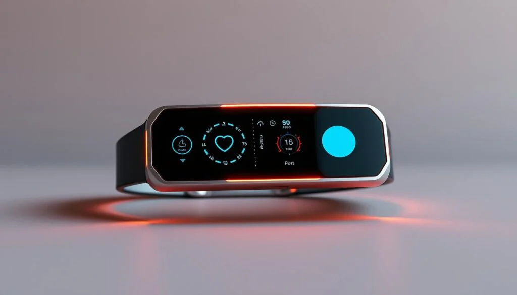 A sleek, modular wearable display with a customizable interface, showcasing a variety of health monitoring apps. The device features a high-resolution OLED screen, touch-sensitive controls, and a slim, ergonomic design that seamlessly integrates with the user's attire. Soft, programmable LED lighting accentuates the edges, creating a futuristic, yet elegant aesthetic. The display is set against a neutral, muted background, allowing the technology to take center stage. Warm, directional lighting casts subtle shadows, highlighting the tactile quality of the materials and the interplay of form and function. The overall composition conveys a sense of innovation and personalization, perfectly suited for the "Customization and App Ecosystem" section of the article. A sleek, modular wearable display with a customizable interface, showcasing a variety of health monitoring apps. The device features a high-resolution OLED screen, touch-sensitive controls, and a slim, ergonomic design that seamlessly integrates with the user's attire. Soft, programmable LED lighting accentuates the edges, creating a futuristic, yet elegant aesthetic. The display is set against a neutral, muted background, allowing the technology to take center stage. Warm, directional lighting casts subtle shadows, highlighting the tactile quality of the materials and the interplay of form and function. The overall composition conveys a sense of innovation and personalization, perfectly suited for the "Customization and App Ecosystem" section of the article.