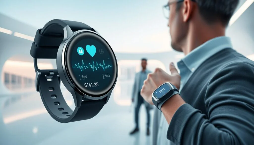 A sophisticated smartwatch with advanced health monitoring capabilities is prominently displayed in the foreground, showcasing its sleek design and cutting-edge features. In the middle ground, a patient is seamlessly connected to the device, their vital signs and health data being transmitted in real-time to a remote medical center. The background depicts a serene, futuristic landscape with clean, minimalist architecture, suggesting the integration of remote patient monitoring into the fabric of modern healthcare. The lighting is soft and diffused, creating a sense of calm and reassurance, while the camera angle is slightly elevated, conveying the smartwatch's role as a vital tool in the future of personalized, proactive healthcare. A sophisticated smartwatch with advanced health monitoring capabilities is prominently displayed in the foreground, showcasing its sleek design and cutting-edge features. In the middle ground, a patient is seamlessly connected to the device, their vital signs and health data being transmitted in real-time to a remote medical center. The background depicts a serene, futuristic landscape with clean, minimalist architecture, suggesting the integration of remote patient monitoring into the fabric of modern healthcare. The lighting is soft and diffused, creating a sense of calm and reassurance, while the camera angle is slightly elevated, conveying the smartwatch's role as a vital tool in the future of personalized, proactive healthcare.